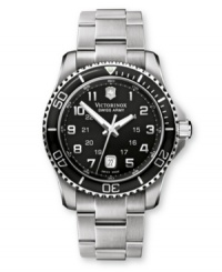 Make a lasting impression with this durable, multifunctional watch from Victorinox Swiss Army. Stainless steel bracelet and round case with anti-reflective sapphire crystal and bi-directional rotating bezel. Black dial features logo, date window at six o'clock, luminous hands and numeral indices. Swiss movement. Water resistant to 100 meters. Three-year limited warranty. Make a lasting impression with this durable, multifunctional watch from Victorinox Swiss Army. Stainless steel bracelet and round case with anti-reflective sapphire crystal and bi-directional rotating bezel. Black dial features logo, date window at six o'clock, luminous hands and numeral indices. Swiss movement. Water resistant to 100 meters. Three-year limited warranty.