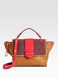 A colorblocked, embossed leather style that's a fall requisite.Double top handles, 3½ dropDetachable shoulder strap, 19½ dropTop zip and push-lock strap closureOne inside zip pocketTwo inside open pocketsFully lined11W X 8½H X 5DImported A colorblocked, embossed leather style that's a fall requisite.Double top handles, 3½ dropDetachable shoulder strap, 19½ dropTop zip and push-lock strap closureOne inside zip pocketTwo inside open pocketsFully lined11W X 8½H X 5DImported