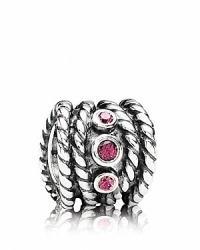 Nestled in a sterling silver cable charm, bezel-set rhodolite stones sparkle and shine. By PANDORA. Nestled in a sterling silver cable charm, bezel-set rhodolite stones sparkle and shine. By PANDORA.