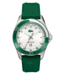 A watch that's asking to be worn in the great outdoors: the green Sport Navigator by Lacoste. Ribbed green rubber strap and round stainless steel case with green aluminum bezel. White dial features silver tone stick indices, minute track, green ring, date window at six o'clock, text logo, iconic crocodile logo and three hands. Quartz movement. Water resistant to 50 meters. Two-year limited warranty. A watch that's asking to be worn in the great outdoors: the green Sport Navigator by Lacoste. Ribbed green rubber strap and round stainless steel case with green aluminum bezel. White dial features silver tone stick indices, minute track, green ring, date window at six o'clock, text logo, iconic crocodile logo and three hands. Quartz movement. Water resistant to 50 meters. Two-year limited warranty.