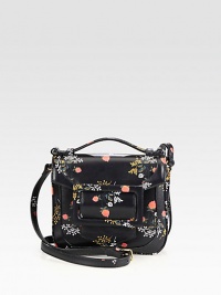 A pretty floral print on textured embossed leather for a vintage-inspired design.Top handle, 2 dropAdjustable shoulder strap, 18-20 dropMagnetic snap flap closureThree inner compartmentsOne inside zip pocketSatin lining8W X 7H X 1¾DMade in Italy A pretty floral print on textured embossed leather for a vintage-inspired design.Top handle, 2 dropAdjustable shoulder strap, 18-20 dropMagnetic snap flap closureThree inner compartmentsOne inside zip pocketSatin lining8W X 7H X 1¾DMade in Italy