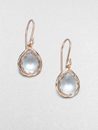 This petite style features brilliant, faceted clear quartz stones in 18k gold and sterling silver, finished in the warm glow of 18k rose goldplating. 18k gold and sterling silver with 18k rose goldplatingClear quartzDrop, about 1Hook backImported This petite style features brilliant, faceted clear quartz stones in 18k gold and sterling silver, finished in the warm glow of 18k rose goldplating. 18k gold and sterling silver with 18k rose goldplatingClear quartzDrop, about 1Hook backImported