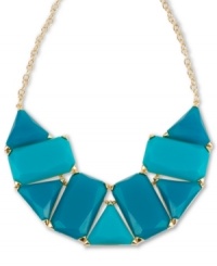 Do the math. This Haskell necklace pairs teal geometric shapes with gold-tone accents for a stunning effect. Crafted in gold tone mixed metal. Approximate length: 16 inches + 3-inch extender. Approximate drop: 1-3/4 inches. Do the math. This Haskell necklace pairs teal geometric shapes with gold-tone accents for a stunning effect. Crafted in gold tone mixed metal. Approximate length: 16 inches + 3-inch extender. Approximate drop: 1-3/4 inches.