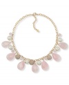 Carolee creates a warm appearance with this stunning necklace. Glass pearls, rose quartz beads and crystal-accented fireballs alternate on a chain crafted in gold tone mixed metal. Approximate length: 16 inches + 2-inch extender.