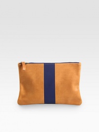 As chic as it is utilitarian, this supple leather clutch is treated to a pop of color with a bold center stripe.Top zipper11½W X 7¾H X ½DMade in USA As chic as it is utilitarian, this supple leather clutch is treated to a pop of color with a bold center stripe.Top zipper11½W X 7¾H X ½DMade in USA
