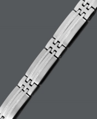 Strong enough to withstand the elements, and versatile enough to wear with any outfit. Men's bracelet features a rectangular link set in stainless steel with a textured finish. Approximate length: 8-1/2 inches. Strong enough to withstand the elements, and versatile enough to wear with any outfit. Men's bracelet features a rectangular link set in stainless steel with a textured finish. Approximate length: 8-1/2 inches.