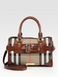 Iconic Burberry check lends a signature touch to this roomy cotton satchel, finished with rich leather trim and buckles.Leather double top handles, 5 drop Leather detachable adjustable shoulder strap, 21-22 drop Top zip closure Protective metal feet One inside zip pocket Two inside open pockets Cotton lining 12W X 9½H X 6½D Made in Italy Iconic Burberry check lends a signature touch to this roomy cotton satchel, finished with rich leather trim and buckles.Leather double top handles, 5 drop Leather detachable adjustable shoulder strap, 21-22 drop Top zip closure Protective metal feet One inside zip pocket Two inside open pockets Cotton lining 12W X 9½H X 6½D Made in Italy