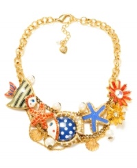 Hit the sand with this funky statement necklace from Betsey Johnson. This elaborate frontal combines gold tone mixed metal chains, multi-colored fish, red and blue starfish, yellow and red flowers, gold tone seashells, crystal accents and glass pearls. Approximate length: 16 inches + 3-inch extender. Approximate drop: 1-1/2 inches. Hit the sand with this funky statement necklace from Betsey Johnson. This elaborate frontal combines gold tone mixed metal chains, multi-colored fish, red and blue starfish, yellow and red flowers, gold tone seashells, crystal accents and glass pearls. Approximate length: 16 inches + 3-inch extender. Approximate drop: 1-1/2 inches.