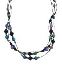 For the daring fashionista. Multiple strands of iridescent aurora borealis beads and jet black lantern beads dazzle on this eye-catching hematite-plated mixed metal necklace by 2028. Approximate length: 16 inches + 3-inch extender. For the daring fashionista. Multiple strands of iridescent aurora borealis beads and jet black lantern beads dazzle on this eye-catching hematite-plated mixed metal necklace by 2028. Approximate length: 16 inches + 3-inch extender.
