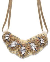 A fashionista's dream, an intricate mix of fabric, felt and crystal adorns this exquisite bib necklace by Bar III. Approximate length: 15 inches + 3-inch extender. Approximate drop width: 6-1/4 inches. Approximate drop length: 2-1/4 inches.