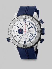 A sport-inspired style with high functionality, this exquisite timepiece features a chronograph movement and alarm with a multilayered dial offering a three-dimensional appearance.Chronograph movementRound bezelWater resistant to 10ATMDate display at 4 o'clockSecond handStainless steel case: 48mm (1.89)Rubber strap braceletMade in Italy A sport-inspired style with high functionality, this exquisite timepiece features a chronograph movement and alarm with a multilayered dial offering a three-dimensional appearance.Chronograph movementRound bezelWater resistant to 10ATMDate display at 4 o'clockSecond handStainless steel case: 48mm (1.89)Rubber strap braceletMade in Italy
