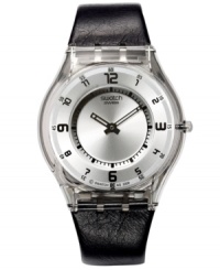 A sleek watch design from Swatch in steely silvers and bold blacks. A sleek watch design from Swatch in steely silvers and bold blacks.
