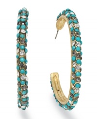 Show 'em your bling! INC International Concepts' unique hoop earrings combine plastic turquoise beads, and black glass accents in a 12k gold-plated mixed metal setting for summery sparkle. Approximate diameter: 1-1/2 inches. Show 'em your bling! INC International Concepts' unique hoop earrings combine plastic turquoise beads, and black glass accents in a 12k gold-plated mixed metal setting for summery sparkle. Approximate diameter: 1-1/2 inches.