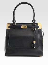 Luxurious pebbled leather in a roomy top-handle carryall, accented with radiant hardware and smooth leather trim.Double leather top handles, 7½ dropTop zip closureProtective metal feetThree inner compartmentsOne outside flap pocketOne inside zip pocketTwo inside open pocketsFully lined13½W X 12H X 6DImported Luxurious pebbled leather in a roomy top-handle carryall, accented with radiant hardware and smooth leather trim.Double leather top handles, 7½ dropTop zip closureProtective metal feetThree inner compartmentsOne outside flap pocketOne inside zip pocketTwo inside open pocketsFully lined13½W X 12H X 6DImported