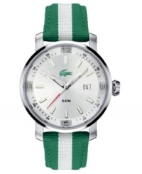 A classic Lacoste look. Green and white jacquard grosgrain strap with stainless steel case. Silvertone dial with date window and Lacoste logo. Three-hand, quartz movement. Water resistant to 50 meters. A classic Lacoste look. Green and white jacquard grosgrain strap with stainless steel case. Silvertone dial with date window and Lacoste logo. Three-hand, quartz movement. Water resistant to 50 meters.
