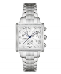 Exquisite attention to detail was lavished upon this Masella collection watch by Bulova Accutron. Stainless steel bracelet with ribbed center links and square case with curved sapphire crystal. Bezel and dial embellished with 98 hand-set diamond accents. Silvery white web-patterned chronograph dial features date window at four o'clock, three subdials and royal blue hands. Swiss quartz movement. Water resistant to 30 meters. Five-year limited warranty. Exquisite attention to detail was lavished upon this Masella collection watch by Bulova Accutron. Stainless steel bracelet with ribbed center links and square case with curved sapphire crystal. Bezel and dial embellished with 98 hand-set diamond accents. Silvery white web-patterned chronograph dial features date window at four o'clock, three subdials and royal blue hands. Swiss quartz movement. Water resistant to 30 meters. Five-year limited warranty.