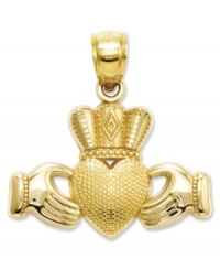 A touch of Celtic inspiration. This symbolic Claddagh charm is crafted in polished 14k gold with a pretty cut-out design and textured crown. Chain not included. Approximate length: 4/5 inch. Approximate width: 3/4 inch. A touch of Celtic inspiration. This symbolic Claddagh charm is crafted in polished 14k gold with a pretty cut-out design and textured crown. Chain not included. Approximate length: 4/5 inch. Approximate width: 3/4 inch.