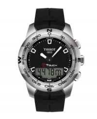 Tissot combines uncomplicated, rugged styling with the finest Swiss precision in this T-Touch II model. Black rubber strap and round stainless steel case. Turning bezel with cardinal directions and numerals in black. Black dial features numerals, stick indices, luminous hands, alarm, compass, thermometer, altimeter and meteorological trend indicator. Swiss movement. Water resistant to 100 meters. Two-year limited warranty. Tissot combines uncomplicated, rugged styling with the finest Swiss precision in this T-Touch II model. Black rubber strap and round stainless steel case. Turning bezel with cardinal directions and numerals in black. Black dial features numerals, stick indices, luminous hands, alarm, compass, thermometer, altimeter and meteorological trend indicator. Swiss movement. Water resistant to 100 meters. Two-year limited warranty.