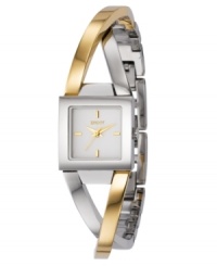 An elegant twist on the ordinary. This fine watch from DKNY features a two-tone stainless steel bangle bracelet. Rectangular stainless steel case and white dial with logo and stick indices. Quartz movement. Water resistant to 30 meters. Two-year limited warranty. An elegant twist on the ordinary. This fine watch from DKNY features a two-tone stainless steel bangle bracelet. Rectangular stainless steel case and white dial with logo and stick indices. Quartz movement. Water resistant to 30 meters. Two-year limited warranty.