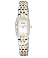 Swarovski crystals dazzle on the slim silhouette of this Eco-Drive watch by Citizen. Swarovski crystals dazzle on the slim silhouette of this Eco-Drive watch by Citizen.