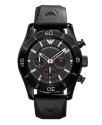 A contemporary black-on-black chronograph, by Emporio Armani. Watch crafted of black logo-stamped rubber strap and round black-plated stainless steel case with black bezel. Textured black chronograph dial features silver tone stick indices, minute track, date window at six o'clock, three subdials, three hands and logo. Quartz movement. Water resistant to 50 meters. Two-year limited warranty. A contemporary black-on-black chronograph, by Emporio Armani. Watch crafted of black logo-stamped rubber strap and round black-plated stainless steel case with black bezel. Textured black chronograph dial features silver tone stick indices, minute track, date window at six o'clock, three subdials, three hands and logo. Quartz movement. Water resistant to 50 meters. Two-year limited warranty.