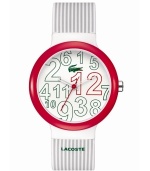 Scrambled excellence from Lacoste. Unisex Goa watch crafted of gray and white stripe silicone strap with printed logo and round white plastic case with red bezel. White dial features jumbled green and red printed numerals, cut-out hour and minute hand, red second hand, and iconic crocodile logo at twelve o'clock. Quartz movement. Water resistant to 30 meters. Two-year limited warranty.