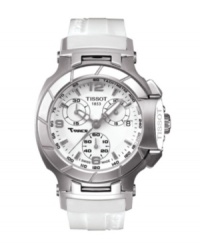 Sporting edgy details inspired by moto-racing, this Tissot watch blends feminine grace with high-speed fashion. T-Race timepiece crafted of white rubber strap with logo detail and round stainless steel case. White chronograph dial features tachymeter scale at outer rim, silver tone numerals at twelve, nine and six o'clock, silver tone applied stick indices, minute track, date window at four o'clock, luminous three hands, three subdials and logo at twelve o'clock. Swiss quartz movement. Water resistant to 100 meters. Two-year limited warranty.