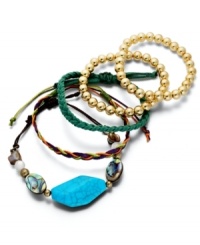Diversify your look. Bar III's five bracelet set combines a unique mix of gold plastic beads, woven suede, braided fabric, and assorted plastic stones for a truly bohemian mix. Approximate diameter: 2 inches to 2-1/4 inches. Diversify your look. Bar III's five bracelet set combines a unique mix of gold plastic beads, woven suede, braided fabric, and assorted plastic stones for a truly bohemian mix. Approximate diameter: 2 inches to 2-1/4 inches.