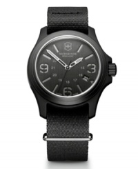 Ready for battle. Ultra-durable watch by Victorinox Swiss Army crafted of black nylon strap and round black nylon fiber case with anti-reflective mineral crystal and aluminum bezel. Black dial features numerals at three, six and nine o'clock, stick indices, date window, military time, three hands and logo. Swiss quartz movement. Water resistant to 100 meters. Three-year limited warranty. Ready for battle. Ultra-durable watch by Victorinox Swiss Army crafted of black nylon strap and round black nylon fiber case with anti-reflective mineral crystal and aluminum bezel. Black dial features numerals at three, six and nine o'clock, stick indices, date window, military time, three hands and logo. Swiss quartz movement. Water resistant to 100 meters. Three-year limited warranty.