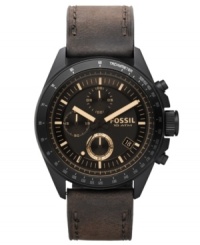 A rugged Decker collection chronograph watch from Fossil that blends smooth leather with structured steel for a complete look. A rugged Decker collection chronograph watch from Fossil that blends smooth leather with structured steel for a complete look.