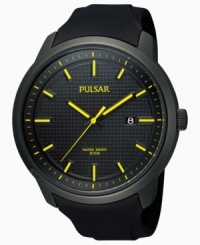 A stylish mix of comfortable polyurethane and blacked out steel create a handsome watch from Pulsar. A stylish mix of comfortable polyurethane and blacked out steel create a handsome watch from Pulsar.