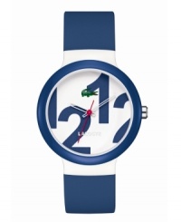 Classic nautical style you've come to love from Lacoste. Unisex Goa watch crafted of navy silicone strap and round plastic case with navy bezel. White dial features 1212 print, iconic crocodile logo at twelve o'clock, cut-out hour and minute hands, and red second hand. Quartz movement. Water resistant to 30 meters. Two-year limited warranty. Classic nautical style you've come to love from Lacoste. Unisex Goa watch crafted of navy silicone strap and round plastic case with navy bezel. White dial features 1212 print, iconic crocodile logo at twelve o'clock, cut-out hour and minute hands, and red second hand. Quartz movement. Water resistant to 30 meters. Two-year limited warranty.