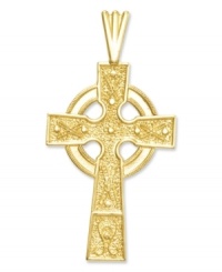 A hint of faith and a little Celtic inspiration, too. This beautifully-crafted cross charm features a cut-out and textured design in 14k gold. Chain not included. Approximate length: 1-3/10 inches. Approximate width: 7/10 inch. A hint of faith and a little Celtic inspiration, too. This beautifully-crafted cross charm features a cut-out and textured design in 14k gold. Chain not included. Approximate length: 1-3/10 inches. Approximate width: 7/10 inch.