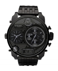 By the dark of night. Watch by Diesel crafted of black ion-plated stainless steel bracelet and round case, 65x57mm. Textured black chronograph dial features three analog display subdials, date window, logo plate and negative display digital window. Quartz movement. Water resistant to 50 meters. Two-year limited warranty. By the dark of night. Watch by Diesel crafted of black ion-plated stainless steel bracelet and round case, 65x57mm. Textured black chronograph dial features three analog display subdials, date window, logo plate and negative display digital window. Quartz movement. Water resistant to 50 meters. Two-year limited warranty.