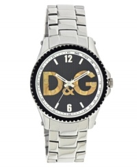 A unique cutout dial adds a modern edge to this classic watch by D&G. Stainless steel bracelet and round case with black turning bezel. Black grid-patterned dial features numerals at twelve and six o'clock, stick indices, minute track, three hands and gold tone logo cutout. Quartz movement. Water resistant to 50 meters. Two-year limited warranty. A unique cutout dial adds a modern edge to this classic watch by D&G. Stainless steel bracelet and round case with black turning bezel. Black grid-patterned dial features numerals at twelve and six o'clock, stick indices, minute track, three hands and gold tone logo cutout. Quartz movement. Water resistant to 50 meters. Two-year limited warranty.