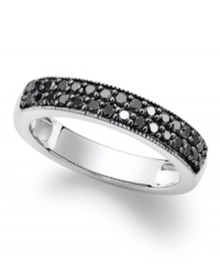 Sweet, stackable sparkle. Round-cut black diamonds (1/2 ct. t.w.) adorn the surface of this chic ring. Set in sterling silver. Size 7. Sweet, stackable sparkle. Round-cut black diamonds (1/2 ct. t.w.) adorn the surface of this chic ring. Set in sterling silver. Size 7.