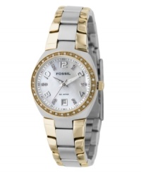 A gem of a watch, from Fossil. With a beautiful two-tone design highlighted by crystal accents, this women's watch features a stainless steel silvertone bracelet with goldtone accent. Round stainless steel silvertone case and Swarovski crystal-accented bezel. Mother-of-pearl dial with logo, date window, numerical and crystal accent indices. Quartz movement. Water resistant to 100 meters. 11-year limited warranty. A gem of a watch, from Fossil. With a beautiful two-tone design highlighted by crystal accents, this women's watch features a stainless steel silvertone bracelet with goldtone accent. Round stainless steel silvertone case and Swarovski crystal-accented bezel. Mother-of-pearl dial with logo, date window, numerical and crystal accent indices. Quartz movement. Water resistant to 100 meters. 11-year limited warranty.