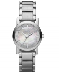Eclectic and industrial-chic, this women's watch from DKNY is anything but old-fashioned. Silvertone stainless steel bracelet and round case. Round mother-of-pearl dial with logo and stick indices. Quartz movement. Water resistant to 50 meters. Two-year limited warranty. Eclectic and industrial-chic, this women's watch from DKNY is anything but old-fashioned. Silvertone stainless steel bracelet and round case. Round mother-of-pearl dial with logo and stick indices. Quartz movement. Water resistant to 50 meters. Two-year limited warranty.