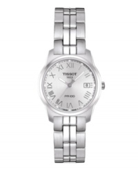 A stately watch to affirm your impeccably classic taste, the PR 100 model by Tissot. Stainless steel bracelet and round case. Silvertone dial features Roman numerals, date window at three o'clock, luminous hands and logo. Swiss movement. Water resistant to 100 meters. Two-year limited warranty. A stately watch to affirm your impeccably classic taste, the PR 100 model by Tissot. Stainless steel bracelet and round case. Silvertone dial features Roman numerals, date window at three o'clock, luminous hands and logo. Swiss movement. Water resistant to 100 meters. Two-year limited warranty.