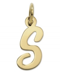 The perfect gift for Samantha. This polished S initial charm features a pretty, small script design in 14k gold. Chain not included. Approximate length: 7/10 inch. Approximate width: 3/10 inch. The perfect gift for Samantha. This polished S initial charm features a pretty, small script design in 14k gold. Chain not included. Approximate length: 7/10 inch. Approximate width: 3/10 inch.