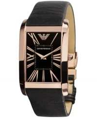 The warm hues emanating from this rosy timepiece by Emporio Armani truly capture the eye. Watch crafted of smooth black leather strap and rectangular rose-gold ion-plated stainless steel case. Black dial features rose-gold tone Roman numerals, two hands, inner minute track and logo at twelve o'clock. Quartz movement. Water resistant to 30 meters. Two-year limited warranty. The warm hues emanating from this rosy timepiece by Emporio Armani truly capture the eye. Watch crafted of smooth black leather strap and rectangular rose-gold ion-plated stainless steel case. Black dial features rose-gold tone Roman numerals, two hands, inner minute track and logo at twelve o'clock. Quartz movement. Water resistant to 30 meters. Two-year limited warranty.