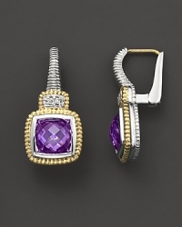Cushion-cut amethysts sparkle in baroque sterling silver and yellow gold settings. By Judith Ripka. Cushion-cut amethysts sparkle in baroque sterling silver and yellow gold settings. By Judith Ripka.