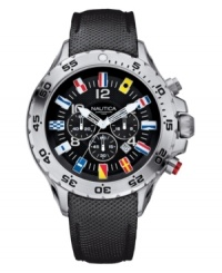 Nautica pays homage to the signals of the sea with this stylish watch. Black leather strap and round stainless steel case. Seconds etched at bezel. Black chronograph dial with logo, date window, silvertone numerals, three subdials and nautical signal flags at markers. Analog movement. Water resistant to 100 meters. Five-year limited warranty. Nautica pays homage to the signals of the sea with this stylish watch. Black leather strap and round stainless steel case. Seconds etched at bezel. Black chronograph dial with logo, date window, silvertone numerals, three subdials and nautical signal flags at markers. Analog movement. Water resistant to 100 meters. Five-year limited warranty.