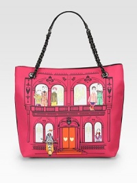 A whimsically illustrated satin design that is sure to make a statement.Double chain and leather shoulder straps, 8 dropMagnetic snap closureOne inside zip pocketOne inside open pocketSatin lining14W X 12½H X 4½DImported A whimsically illustrated satin design that is sure to make a statement.Double chain and leather shoulder straps, 8 dropMagnetic snap closureOne inside zip pocketOne inside open pocketSatin lining14W X 12½H X 4½DImported