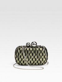A soft suede style with a chic metallic print and a versatile detachable strap.Detachable chain shoulder strap, 20½ dropKiss-lock closureOne inside open pocketFully lined7W X 4¼H X 1½DImported A soft suede style with a chic metallic print and a versatile detachable strap.Detachable chain shoulder strap, 20½ dropKiss-lock closureOne inside open pocketFully lined7W X 4¼H X 1½DImported