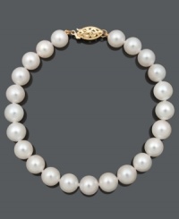 Culture and refinement. Create an elegant look with this polished strand of grade A+, cultured freshwater pearls (7-1/2-8 mm). Clasp crafted in 14k gold. Approximate length: 7-1/2 inches. Culture and refinement. Create an elegant look with this polished strand of grade A+, cultured freshwater pearls (7-1/2-8 mm). Clasp crafted in 14k gold. Approximate length: 7-1/2 inches.