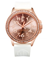 Sparkling accents, crisp white hues and rosy color create this chic Jetsetter watch from Juicy Couture. Sparkling accents, crisp white hues and rosy color create this chic Jetsetter watch from Juicy Couture.