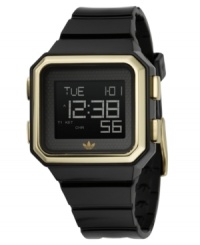 Go back to the basics with this sleek digital wristwatch from adidas. Black polyurethane strap and square black polycarbonate case. Black negative display digital dial with ten-lap memory, chronograph, timer, date and alarm. Quartz movement. Water resistant to 50 meters. Two-year limited warranty. Go back to the basics with this sleek digital wristwatch from adidas. Black polyurethane strap and square black polycarbonate case. Black negative display digital dial with ten-lap memory, chronograph, timer, date and alarm. Quartz movement. Water resistant to 50 meters. Two-year limited warranty.