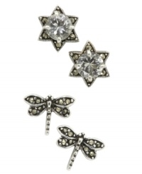 Shine on this season with this sparkly stud earring set from City by City. Includes a pair of marcasite-embellished dragonflies and round-cut cubic zirconias (2-7/8 ct. t.w.) in a star-shaped setting. Crafted in antiqued silver tone mixed metal. Nickel-free for sensitive skin. Shine on this season with this sparkly stud earring set from City by City. Includes a pair of marcasite-embellished dragonflies and round-cut cubic zirconias (2-7/8 ct. t.w.) in a star-shaped setting. Crafted in antiqued silver tone mixed metal. Nickel-free for sensitive skin.