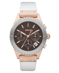 Rich white leather and sleek warm tones create a unique timepiece that fits both casual and elegant molds, by DKNY. Rich white leather and sleek warm tones create a unique timepiece that fits both casual and elegant molds, by DKNY.